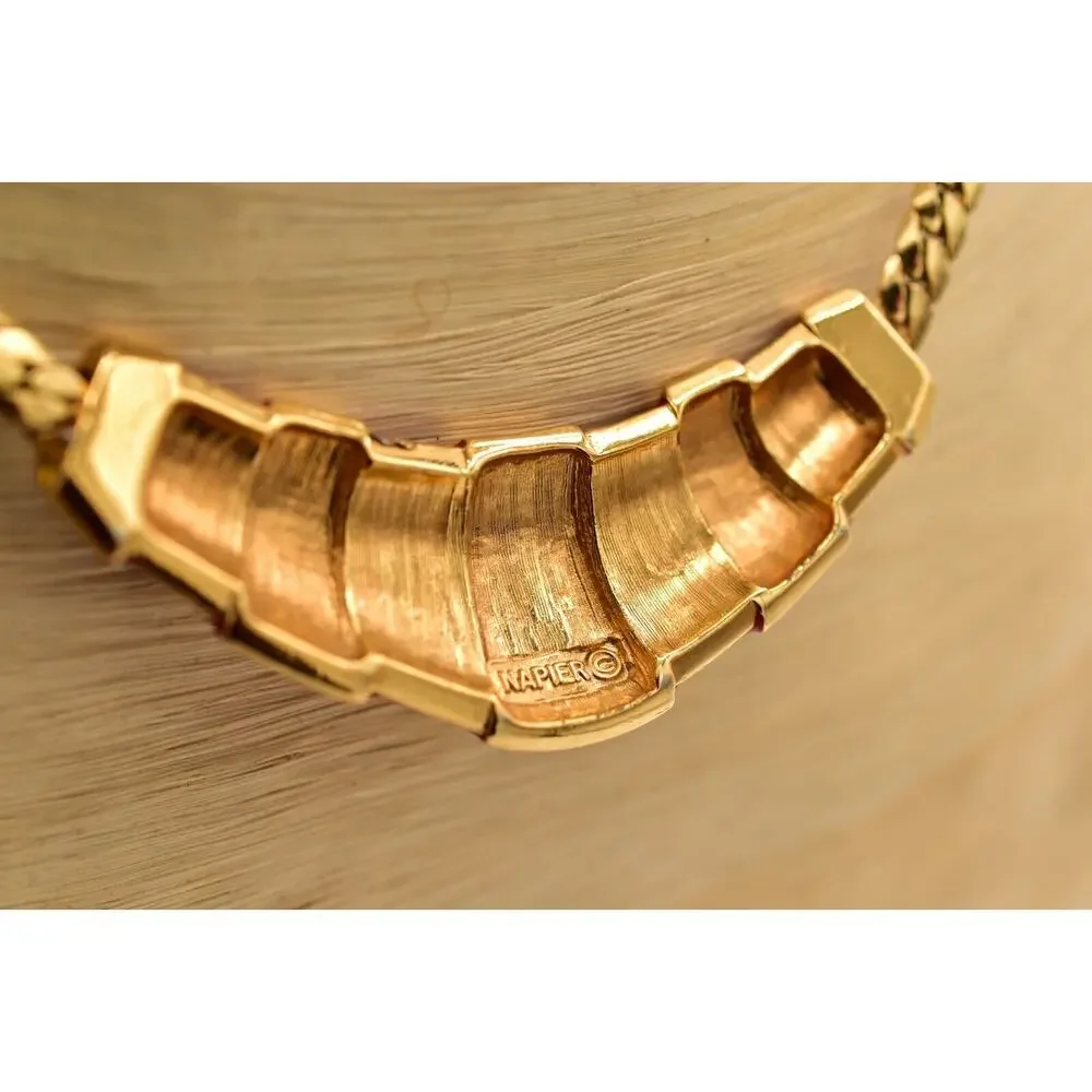 Napier Vintage Collar Necklace Red Enamel Gold Herringbone Chain Signed BinA17
